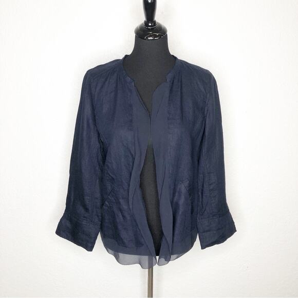 Eileen Fisher ink navy blue Irish linen silk trim open front jacket Small NWT - Picture 1 of 15